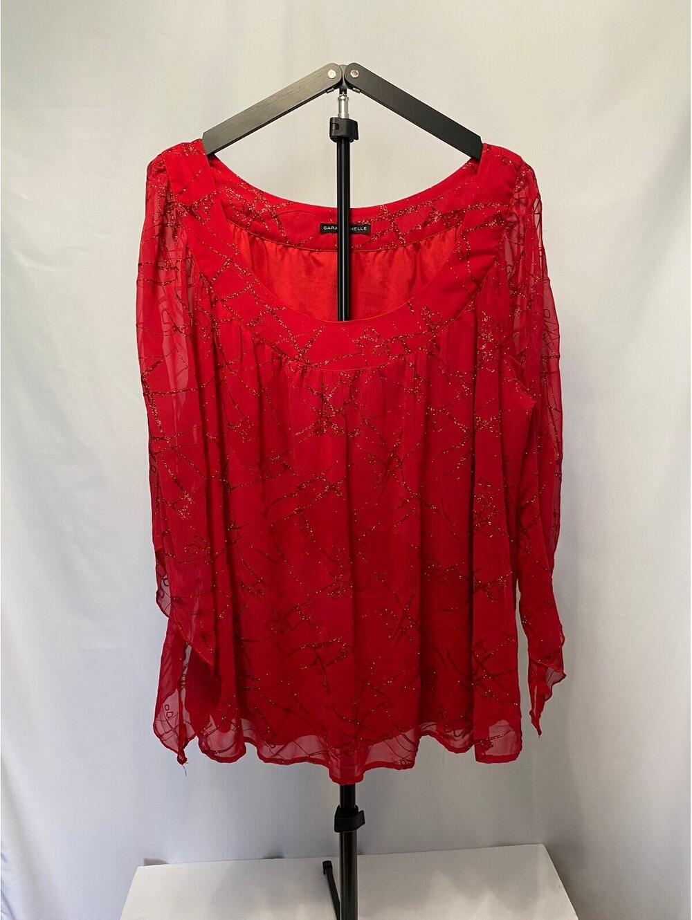Sara Michelle 3X Red Sheer Glitter Overlay Blouse Plus Size Flowy Top